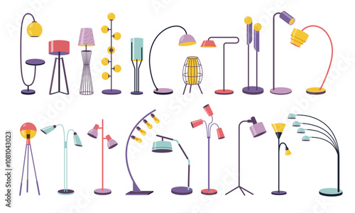 Floor lamps. Modern standing light equipment with different shades, home and office interior illumination, contemporary decorative objects. Vector isolated set.