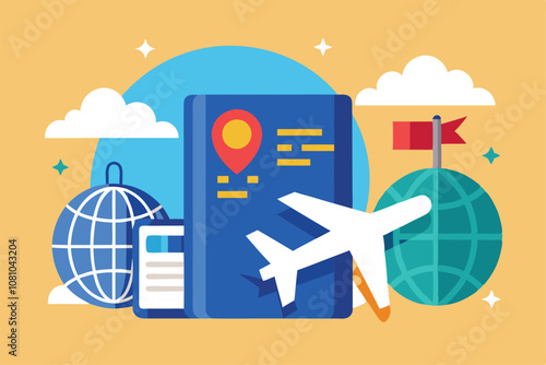 A clean and minimalist travel design showcases a passport with a globe and airplane illustrating adventure, A clean and minimalist design with a passport and airplane icon