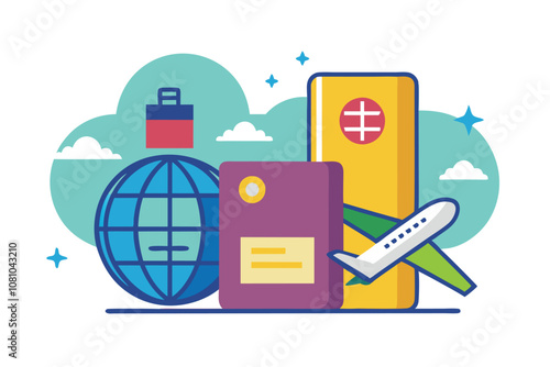 A clean and minimalist design showcases a passport, globe, and airplane symbolizing travel and adventure, A clean and minimalist design with a passport and airplane icon