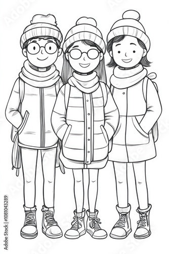 coloring. Three friends bundled up in warm winter gear stand together, their smiles radiating warmth even on a chilly day