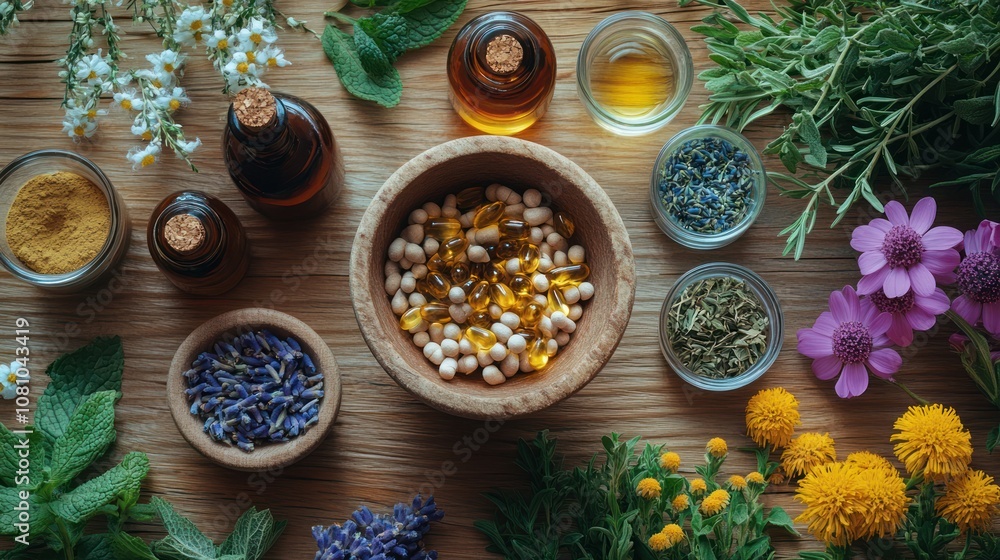 A bowl of herbal capsules surrounded by fresh herbs, flowers, and essential oils on a wooden table. A bowl of herbal capsules surrounded by fresh herbs, flowers, and essential oils on a wooden table.
