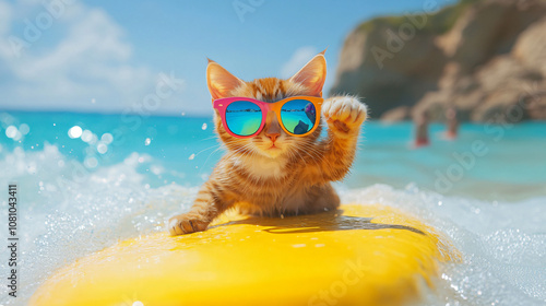 Ginger cat with sunglasses surfing on a yellow board and waving on a tropical beach photo