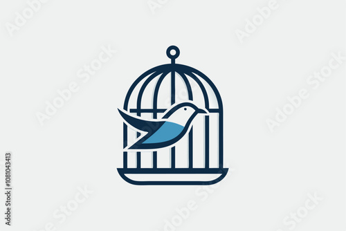 A clean and simple design featuring a blue bird flying out of an elegant bird cage, A clean and simple design featuring a bird cage, minimalist simple modern vector logo design