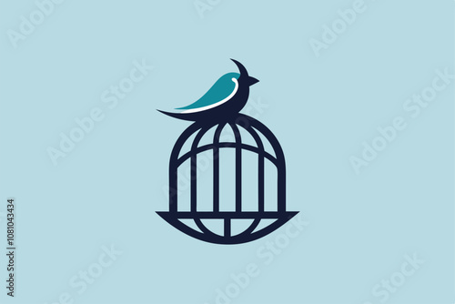 A minimalist design of a bird cage with a perched bird against a soft blue background, A clean and simple design featuring a bird cage, minimalist simple modern vector logo design