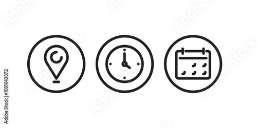 Location, date and time line icons