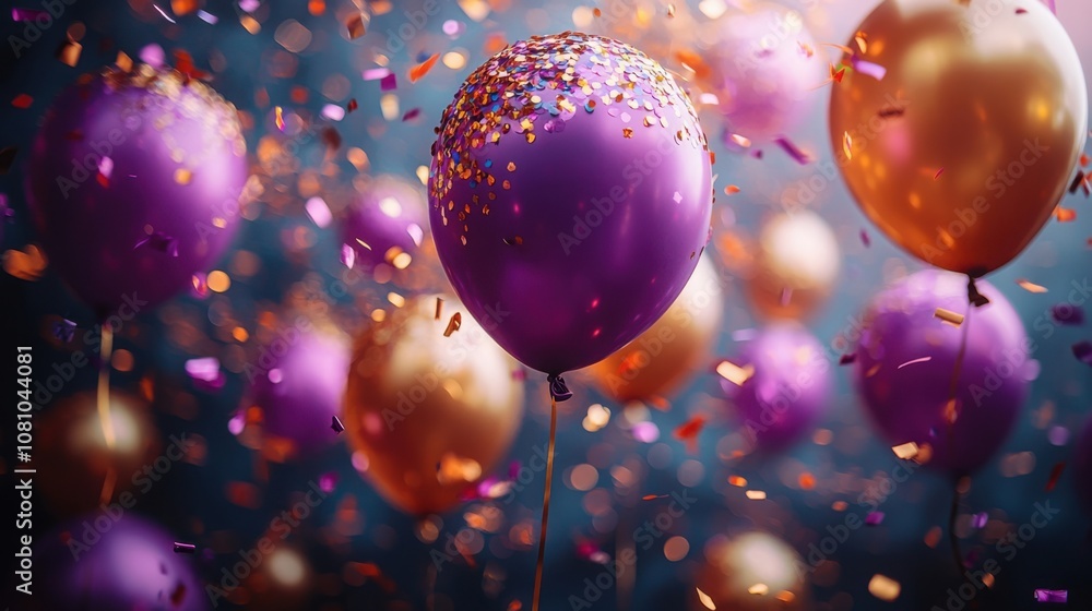 A captivating array of purple and gold balloons filled with confetti, creating a festive atmosphere for a celebration or party. A captivating array of purple and gold balloons filled with confetti, creating a festive atmosphere for a celebration or party.