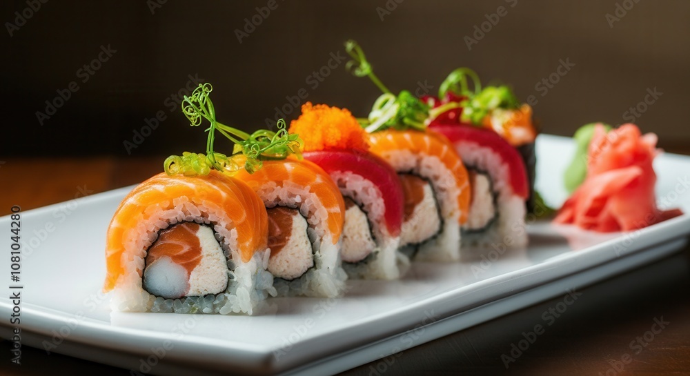 Exquisite sushi platter with fresh ingredients on white plate Exquisite sushi platter with fresh ingredients on white plate