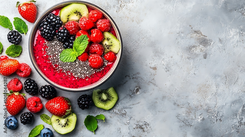A vibrant berry smoothie bowl topped with chia seeds and fresh berries, in a bright kitchen A vibrant berry smoothie bowl topped with chia seeds and fresh berries, in a bright kitchen