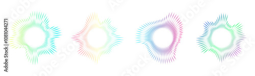 A set of neon dot circular equalizers. Audio multicolor waves. Music symbol, circular sound waves. Vector radial spectrum.