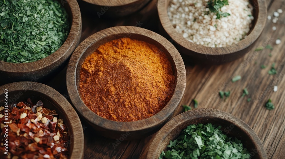 An array of colorful spices displayed in wooden bowls on a rustic table, highlighting the beauty and diversity of culinary ingredients in a natural setting. An array of colorful spices displayed in wooden bowls on a rustic table, highlighting the beauty and diversity of culinary ingredients in a natural setting.