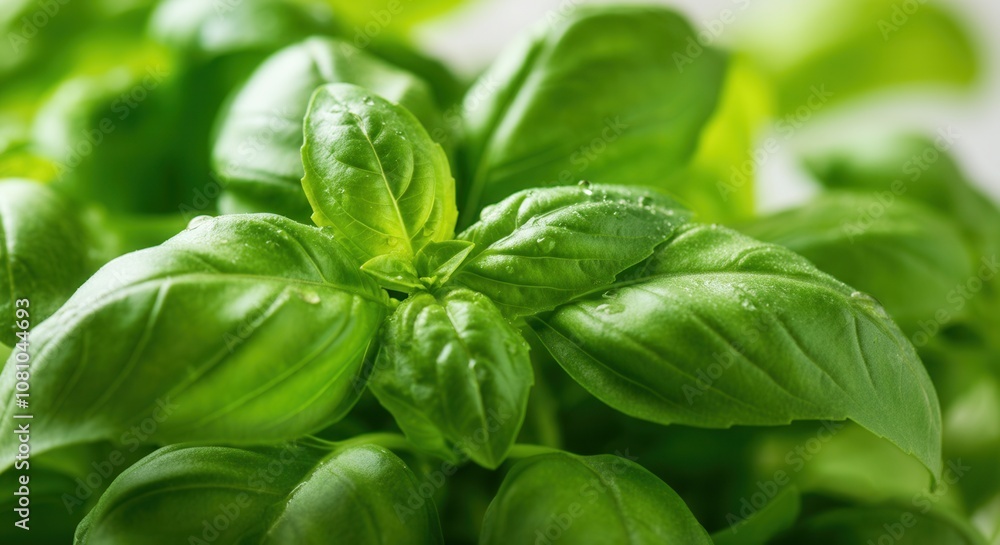 Fresh green basil leaves close-up with morning dew Fresh green basil leaves close-up with morning dew