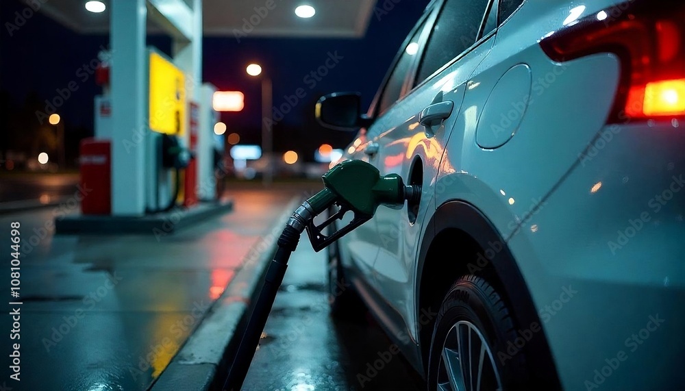 A white car being refueled at a gas station, created with generative ai A white car being refueled at a gas station, created with generative ai