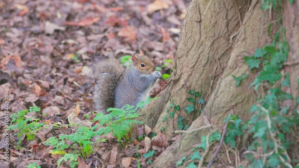 Cute Squirrel eating on the ground full of leaves, Autumn season, Outdoor Cute Squirrel eating on the ground full of leaves, Autumn season, Outdoor