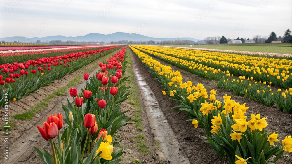 Rows of tulips and daffodils stretching as far as the eye can see, growth, beautiful, petals, colorful Rows of tulips and daffodils stretching as far as the eye can see, growth, beautiful, petals, colorful