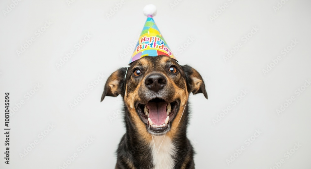 Excited dog wearing happy birthday hat on white background