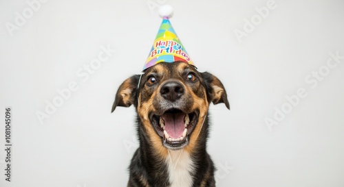 Obraz na płótnie Excited dog wearing happy birthday hat on white background w salonie