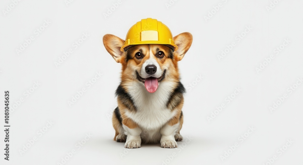 Playful corgi dog wearing yellow construction helmet on white background