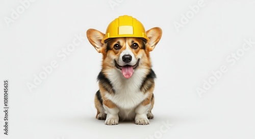 Obraz na płótnie Playful corgi dog wearing yellow construction helmet on white background w salonie