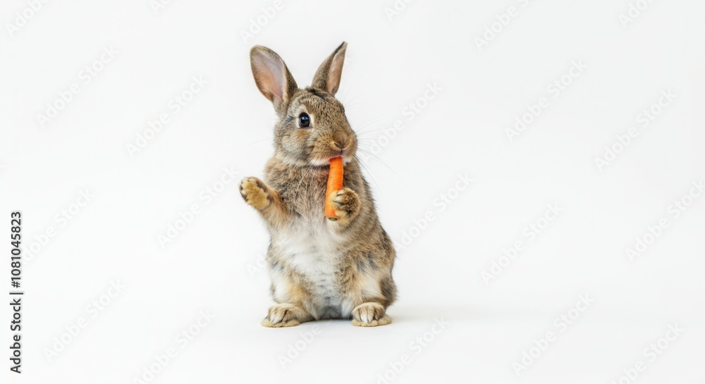 Adorable rabbit standing holding carrot on white background