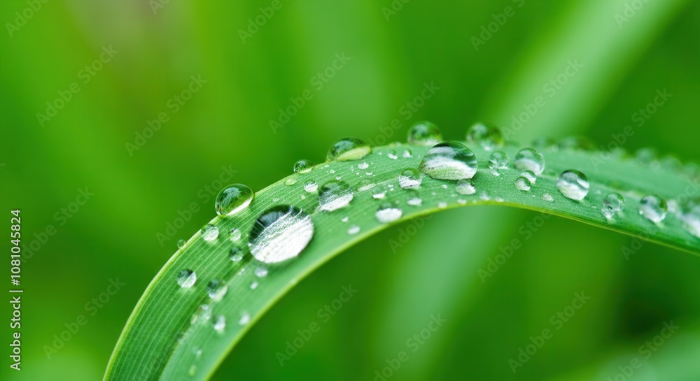 Fresh morning dew on vibrant green grass blade Fresh morning dew on vibrant green grass blade