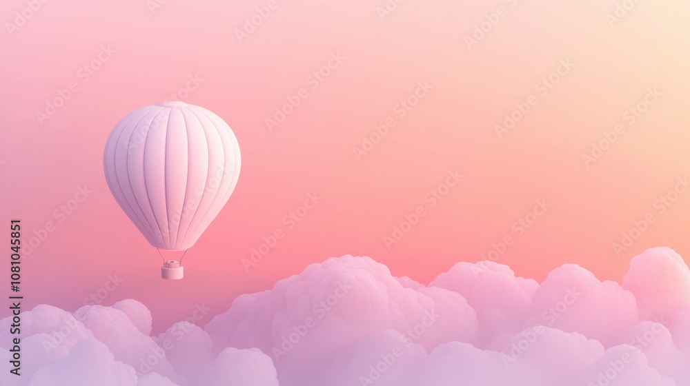 Obraz premium A white hot air balloon is flying through a pink sky