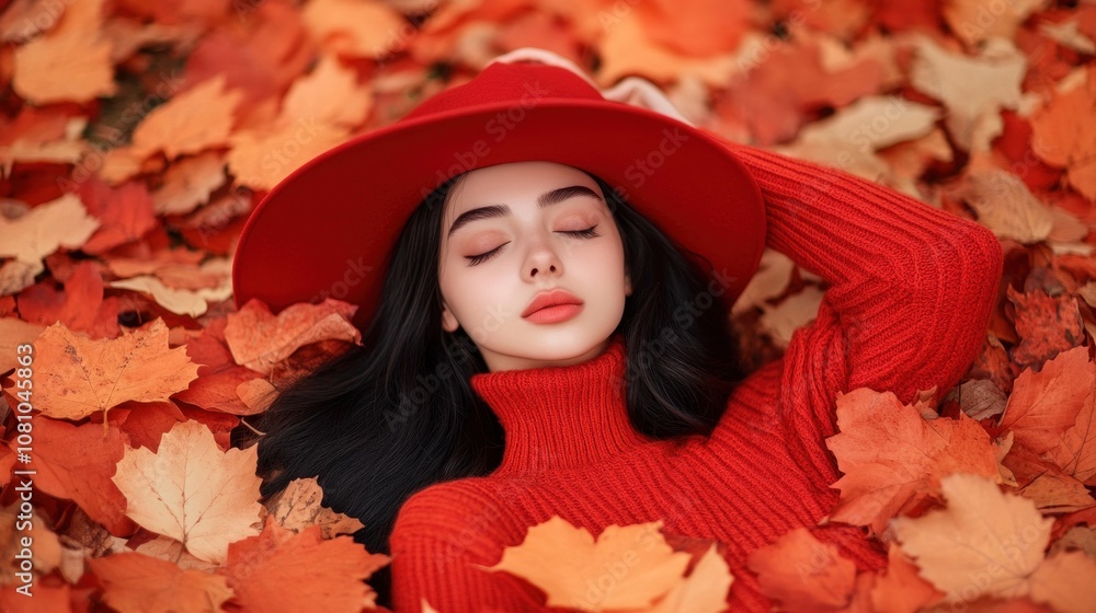 A young woman relaxes with her eyes closed, surrounded by colorful autumn leaves. Dressed in a red sweater and matching hat, she enjoys the calm and beauty of the fall season A young woman relaxes with her eyes closed, surrounded by colorful autumn leaves. Dressed in a red sweater and matching hat, she enjoys the calm and beauty of the fall season
