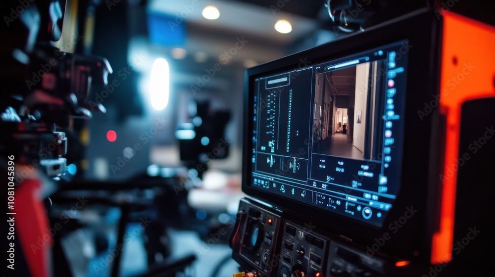 Close-up of a monitor screen showing camera settings in a professional film studio Close-up of a monitor screen showing camera settings in a professional film studio