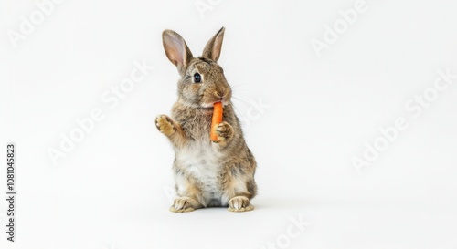 Obraz na płótnie Adorable rabbit standing holding carrot on white background w salonie