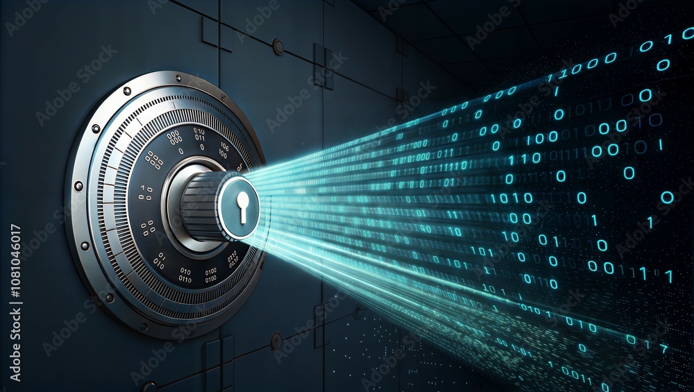 Obraz premium A vault lock with a digital data stream projection symbolizing security and innovation.