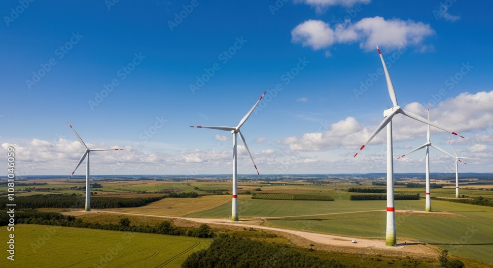 Serene landscape with wind turbines blue skies Serene landscape with wind turbines blue skies