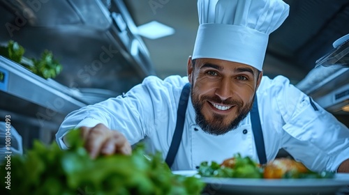 chef works diligently in a busy kitchen, presenting a gourmet dish alongside vibrant, fresh vegetables. His smile reflects passion for culinary arts and food preparation