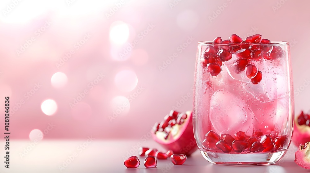 A vibrant glass of pomegranate spritzer with fresh pomegranate seeds, in a festive party atmosphere A vibrant glass of pomegranate spritzer with fresh pomegranate seeds, in a festive party atmosphere