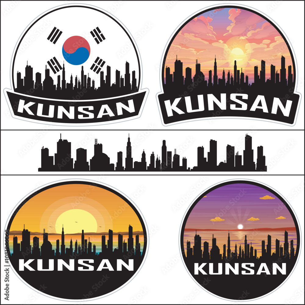 Obraz premium Kunsan South Korea Flag Skyline Cityscape Silhouette Travel Souvenir Sticker Isolated Vector