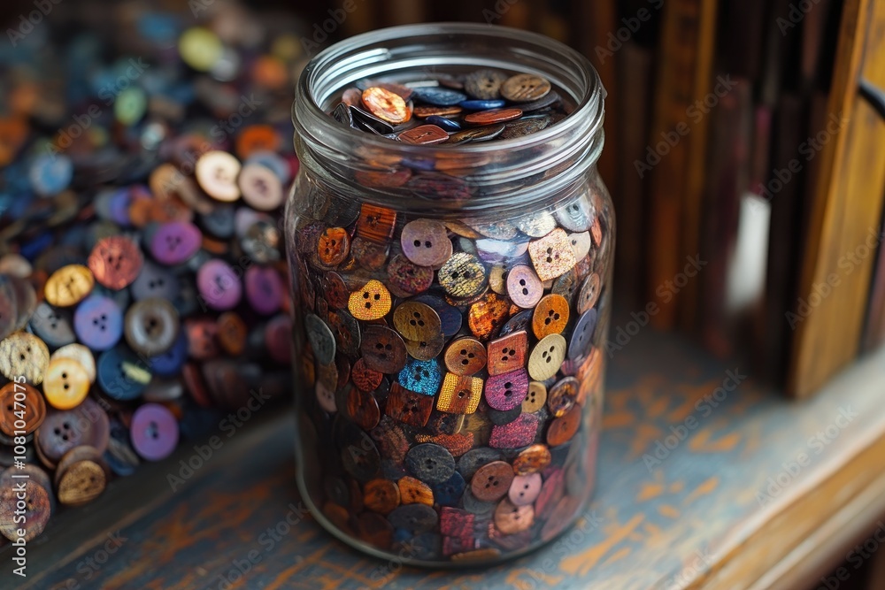 Colorful wooden buttons filling a glass jar on a shelf Colorful wooden buttons filling a glass jar on a shelf