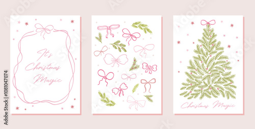 Elegant Christmas tree with a bow greeting card set, collection. Ribbons and bows design, poster in whimsical hand drawn vector style, magical Christmas atmosphere invitation