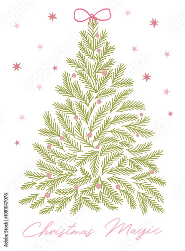 Elegant Christmas tree with a bow greeting card design, poster in whimsical hand drawn vector style, magical Christmas atmosphere invitation template