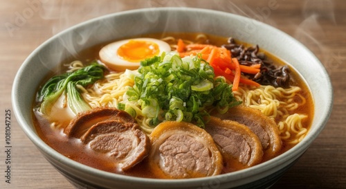 Steaming bowl of ramen with pork, egg, vegetables