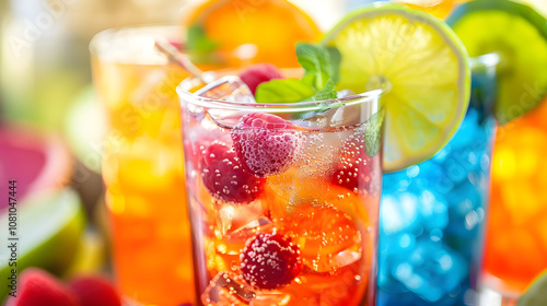 "Vibrant Closeup Captures of Colorful Cocktails Garnished with Fresh Fruits and Herbs"