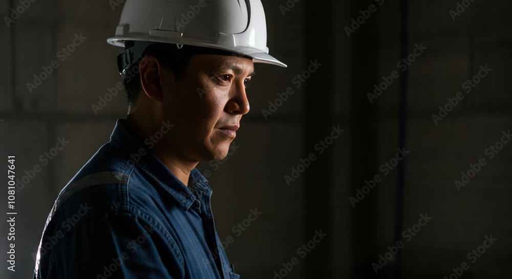 Professional construction worker in hard hat on site Professional construction worker in hard hat on site