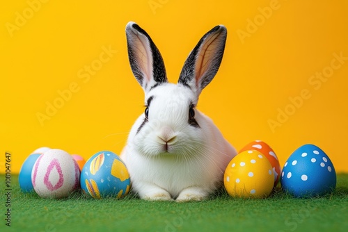 Wallpaper Mural Easter bunny sitting with colorful eggs on green grass Torontodigital.ca