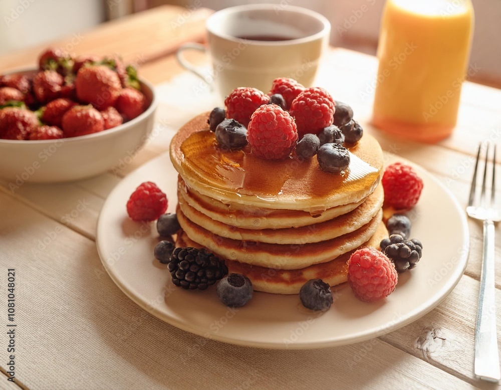 Fluffy Breakfast Pancakes Stacked High with Fresh Berries and Maple Syrup, Captured in a Bright and Airy Home Breakfast Table Setup with a Cozy Vibe Fluffy Breakfast Pancakes Stacked High with Fresh Berries and Maple Syrup, Captured in a Bright and Airy Home Breakfast Table Setup with a Cozy Vibe