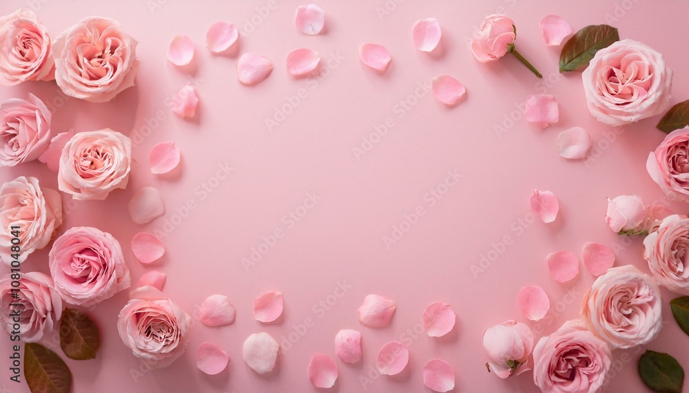 Pink roses and petals frame a pink background Pink roses and petals frame a pink background
