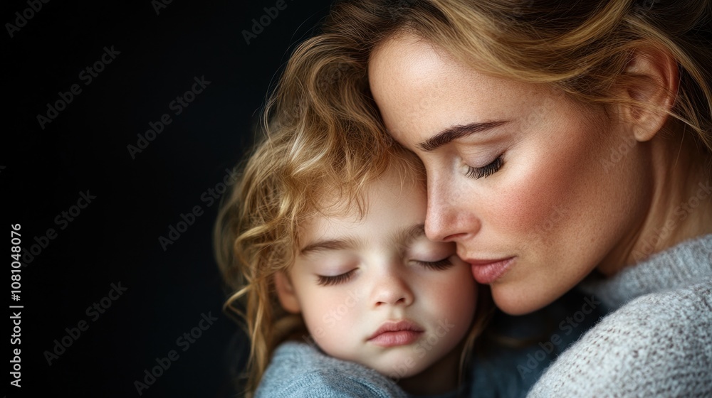 mother holds her sleeping child close, their faces lightly touching. scene radiates warmth and affection, emphasizing the bond between them in a calm, intimate moment mother holds her sleeping child close, their faces lightly touching. scene radiates warmth and affection, emphasizing the bond between them in a calm, intimate moment