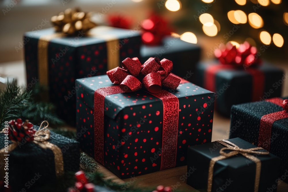 Christmas presents wrapped in elegant black and red paper lying under christmas tree Christmas presents wrapped in elegant black and red paper lying under christmas tree