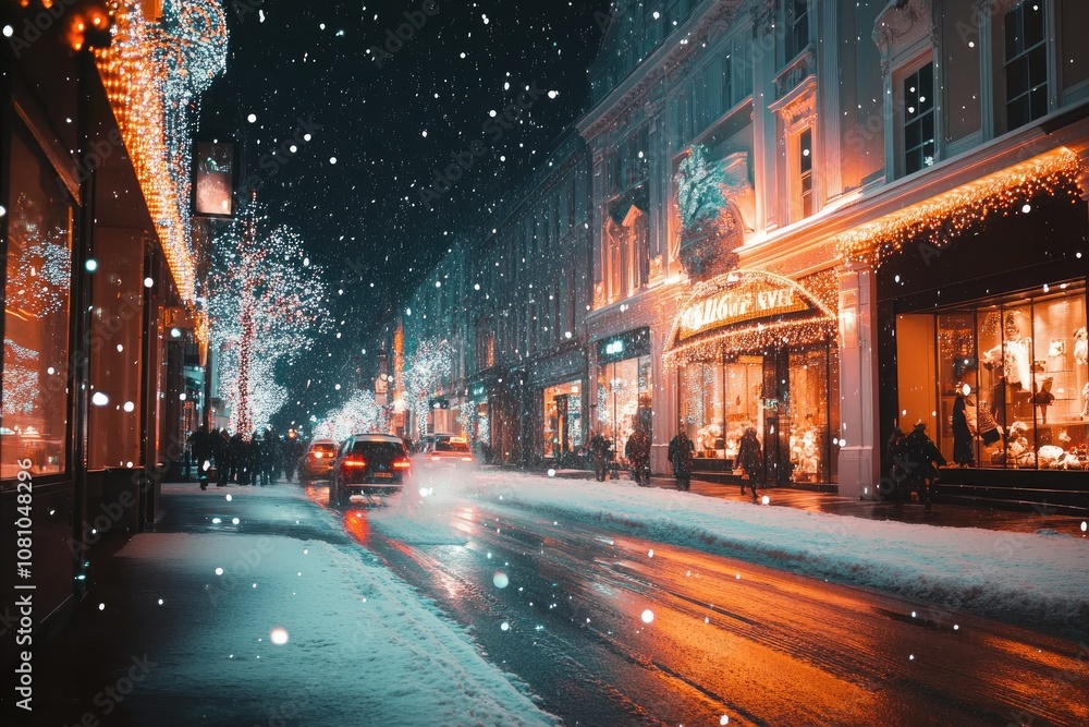 Fototapeta premium Snow falling on grafton street dublin ireland at christmas time