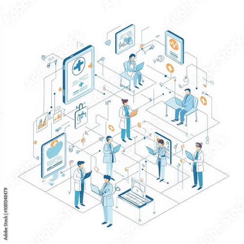 Connected Healthcare Isometric Telemedicine Illustration.