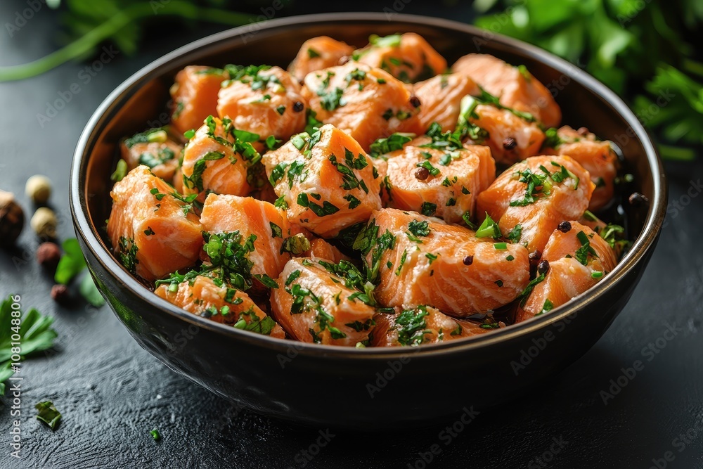 Salmon cubes marinating in a bowl with herbs and spices Salmon cubes marinating in a bowl with herbs and spices
