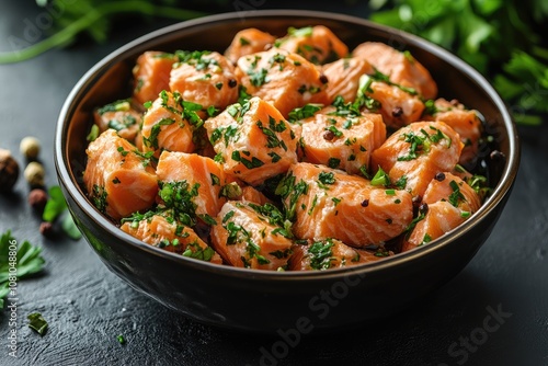 Salmon cubes marinating in a bowl with herbs and spices