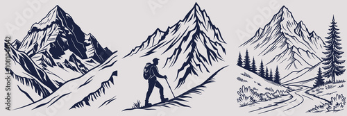 Hiker silhouette traversing mountain peaks monochrome illustration, adventure and exploration art