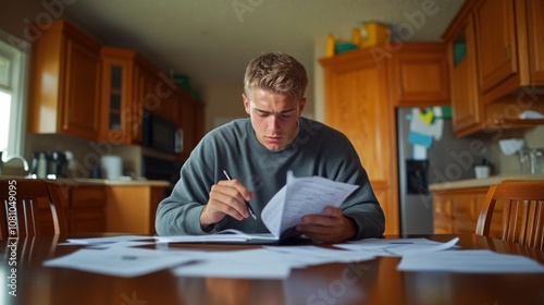 A young man is focused on sorting through various papers while sitting at a wooden table in a warmly lit kitchen. The atmosphere feels calm as he works in the afternoon light